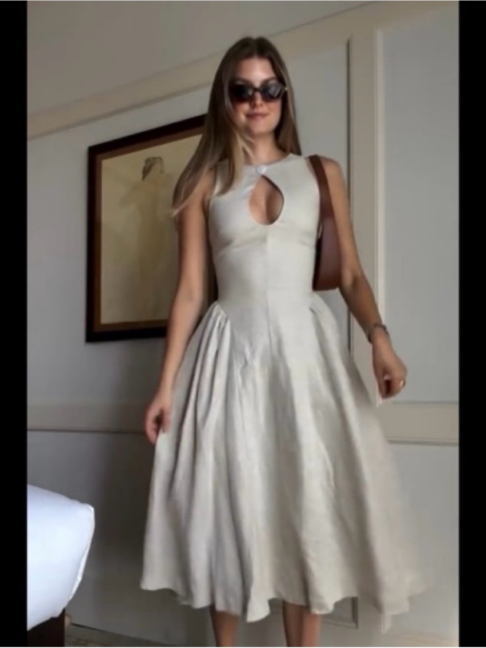 Sleeveless Cream Keyhole Midi Dress with Pleated Skirt
